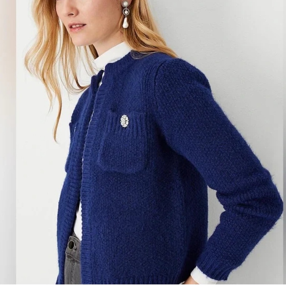 Ann Taylor New Blue Knit Sweater Jacket with Jeweled Button Pockets - Picture 1 of 7